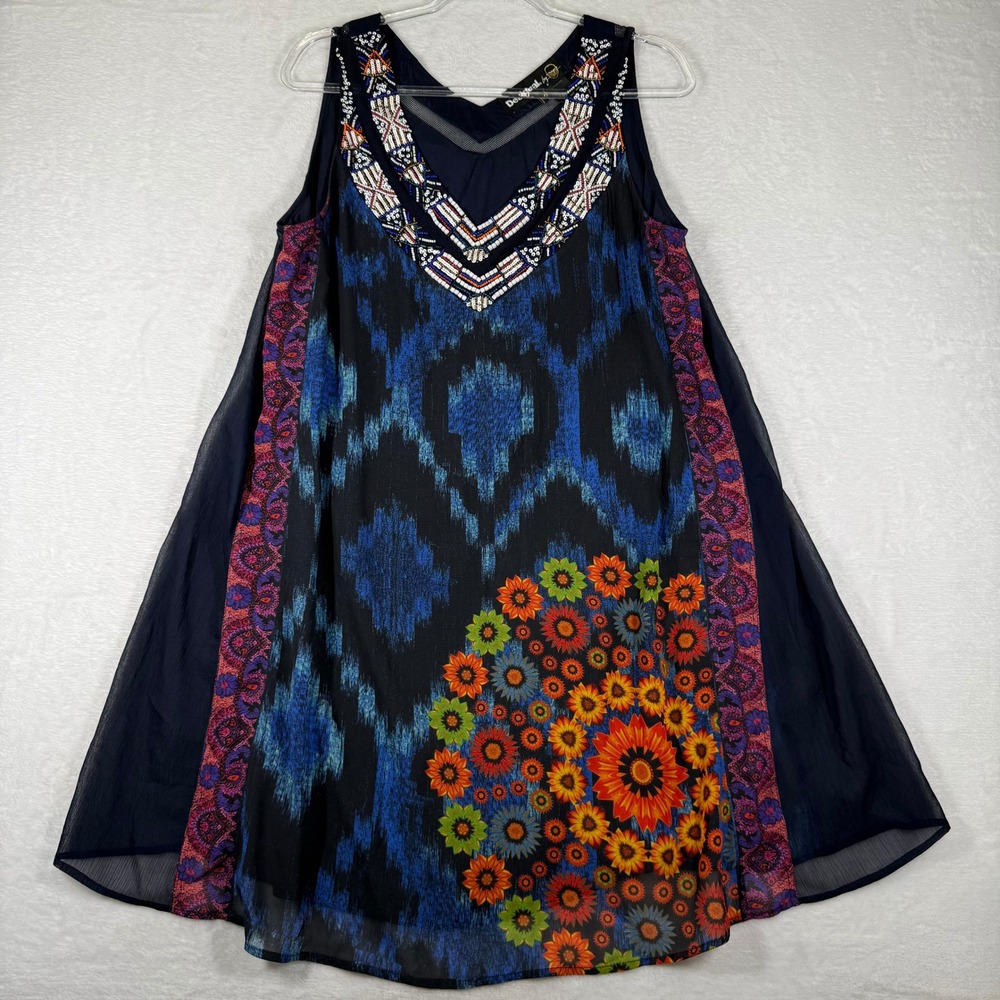 Desigual Christian Lacroix Beaded Ikat Floral Shift Dress Blue Black 46 XL